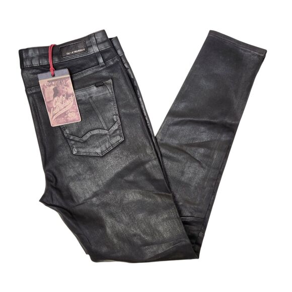NEW Cult Of Individuality Mens Mid Rise Moto Zip Pocket Zip Leg Wax Coated Jeans